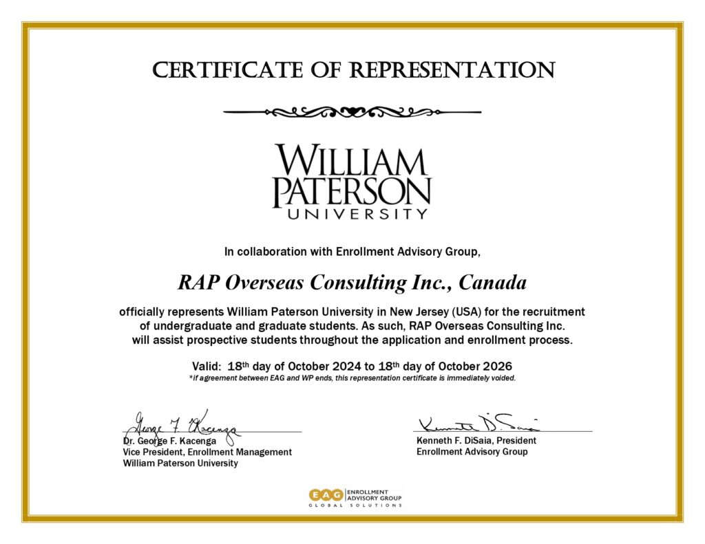 EAG College Partner Certificates - NSU, UB, CMU, WP RAP Overseas Consulting Inc., Canada